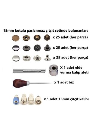 75 adet 15mm Kutulu Paslanmaz Çıtçıt Yapım Seti - Aparatlar, Biz ve 75 takım Paslanmaz Çıtçıt