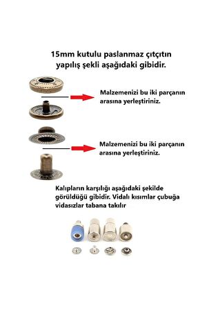 75 adet 15mm Kutulu Paslanmaz Çıtçıt Yapım Seti - Aparatlar, Biz ve 75 takım Paslanmaz Çıtçıt