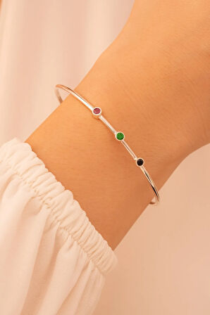 Kadın Gümüş Bileklik - El Yapımı Gümüş Hakiki Safir Yakut Ve Zümrüt Taşlı Kadın Kelepçe