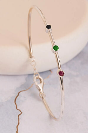 Kadın Gümüş Bileklik - El Yapımı Gümüş Hakiki Safir Yakut Ve Zümrüt Taşlı Kadın Kelepçe