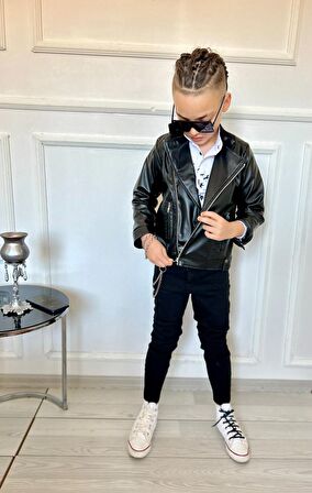 MODAVALS ERKEK ÇOCUK 4 PARÇA DERİ CEKET KOT PANTOLON KOMBİN - 574283691