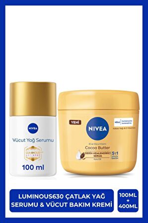 NIVEA Luminous630 Çatlak Karşıtı Vücut Yağ Serumu 100ml ve Cocoa Butter Nemlendirici Krem 400ml, Kuru Cilt