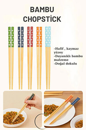 5 Çift Renkli Desenli Bambu Chopstick Yemek Çubuğu Seti