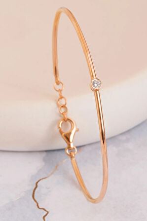 Kadın Gümüş Bileklik - Kadın Kelepçe - El Yapımı Rose Kaplama Zirkon Taşlı Zarif Kadın Bileklik