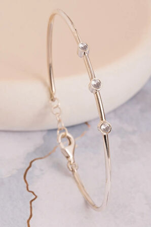 Kadın Gümüş Bileklik - Kadın Kelepçe - El Yapımı Gümüş 3 Sıra Zirkon Taşlı Zarif Kadın Bileklik