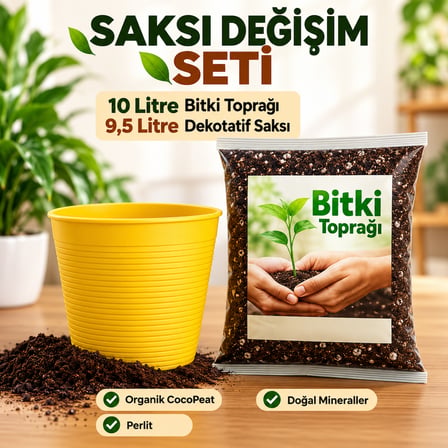 Saksı Değişim Seti - 10 Litre Böcek Sinek Yapmayan Organik Çiçek Toprağı + 9,5 Litre Dekoratif Saksı