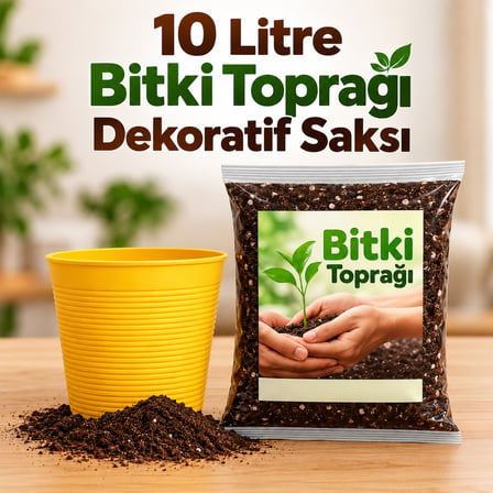 Saksı Değişim Seti - 10 Litre Böcek Sinek Yapmayan Organik Çiçek Toprağı + 9,5 Litre Dekoratif Saksı