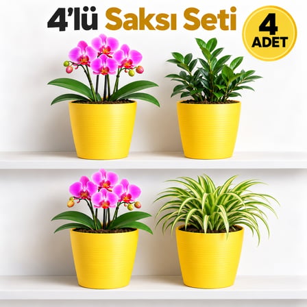4’lü Sarı Dekoratif Saksı Seti – 4 Adet Iç Saksı + 4 Adet Dış Saksı