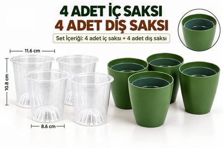 4’lü Yeşil Dekoratif Saksı Seti – 4 Adet Iç Saksı + 4 Adet Dış Saksı
