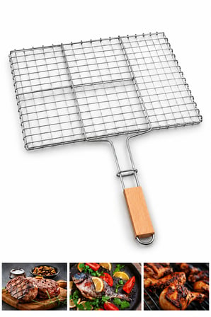 Mangal Izgarası Çift Taraflı Kilitli Tel Izgara Ahşap Saplı Barbekü Izgarası Et Balık Tavuk Sebze Pişirme - 25X40 CM