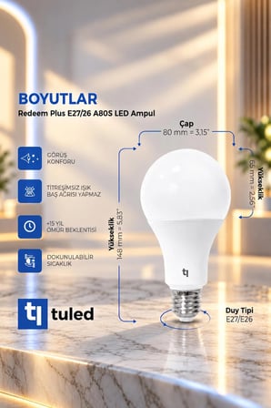 Redeem Plus 11.3 W LED Ampul, 5000 Kelvin E27 A80S, Titreşimsiz, Göz Konforu, 1648 Lümen, 10 Adet