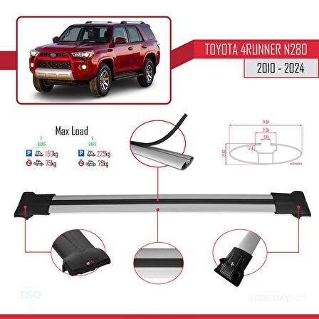 Toyota 4Runner (N280) 2010-2024 Arası ile Uyumlu FLY Model Ara Atkı Tavan Barı Gri 2 Adet