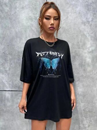 Unisex Baskılı Oversize T-Shirt - Siyah