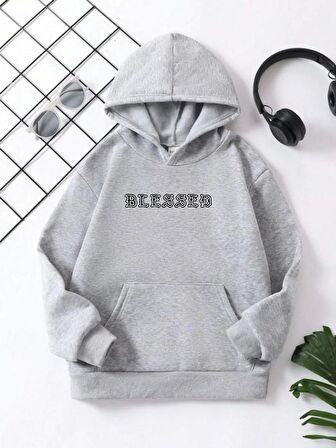 Çocuk Unisex Kapüşonlu Ön ve Arka Blessed Baskılı Pamuklu Sweatshirt - Gri