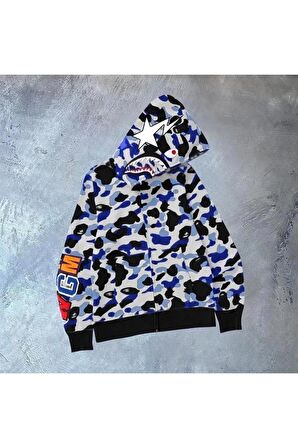 Unisex 2 İplik Bape Kapüşonu Fermuarlı Hırka - Gri