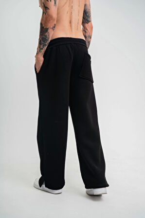 Unisex Boru Paça Baggy Eşofman Pantalon - Siyah