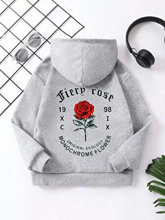 Çocuk Unisex Kapüşonlu Ön ve Arka Fiery Rose Baskılı Sweatshirt - Gri