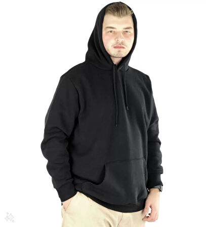 Erkek Uzun Kol Kapşonlu Basic Sweatshirt hoodie - Siyah