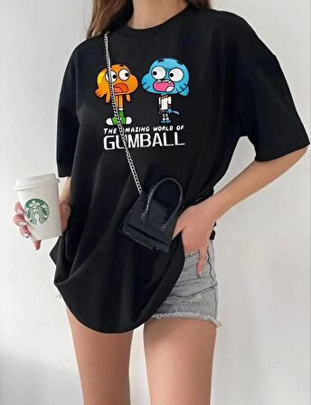 Kadın Bisiklet Yaka Baskılı Oversize T-Shirt - Siyah