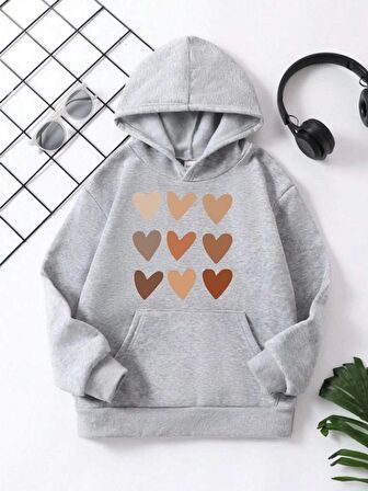 Çocuk Unisex Kapüşonlu Mini Kalpli Baskılı Sweatshirt - Gri