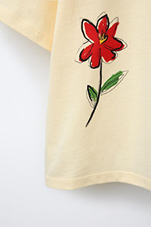 Çiçek Baskılı Kız Çocuk  %100 Pamuk Tişört