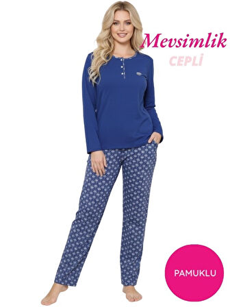 Kadın Etnik Desenli 3 Düğme Pamuk Likra Mevsimlik Uzun Kol Pijama Takımı