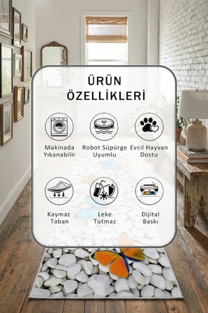 Taş Dekoratif Dijital Baskılı Kaymaz Yıkanabilir Yolluk - Leke Tutmaz Açık Gri