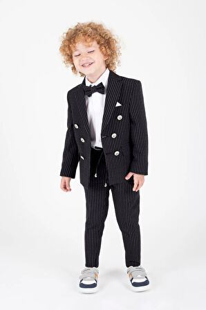 Erkek Çocuk Çizgili Ceket Gömlek Pantolon Papyonlu Takım Elbise Te.1001y