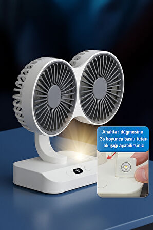 Şarjlı Çift Fanlı Vantilatör / Masaüstü Ayarlanabilir Fan / Salınım Özellikli ve LED Işıklı