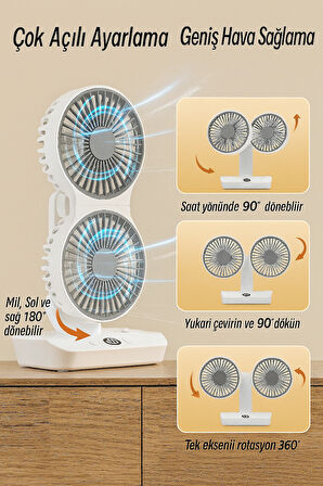 Şarjlı Çift Fanlı Vantilatör / Masaüstü Ayarlanabilir Fan / Salınım Özellikli ve LED Işıklı