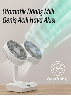 Şarjlı Çift Fanlı Vantilatör / Masaüstü Ayarlanabilir Fan / Salınım Özellikli ve LED Işıklı