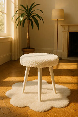 Gürgen Ahşap Retro Ayak Dekoratif Beyaz Pelüş Puf Tabure Bench Koltuk Sandalye