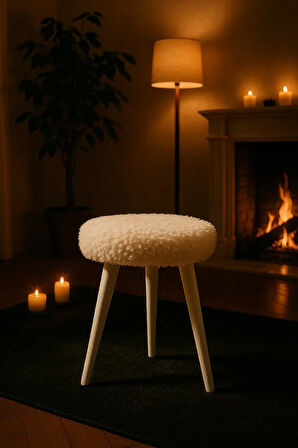 Gürgen Ahşap Retro Ayak Dekoratif Beyaz Pelüş Puf Tabure Bench Koltuk Sandalye