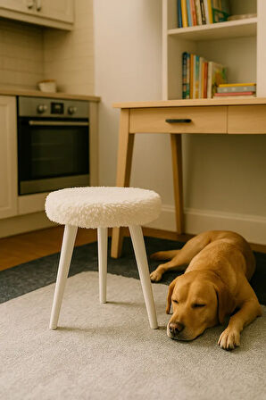 Gürgen Ahşap Retro Ayak Dekoratif Beyaz Pelüş Puf Tabure Bench Koltuk Sandalye