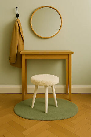 Gürgen Ahşap Retro Ayak Dekoratif Beyaz Pelüş Puf Tabure Bench Koltuk Sandalye