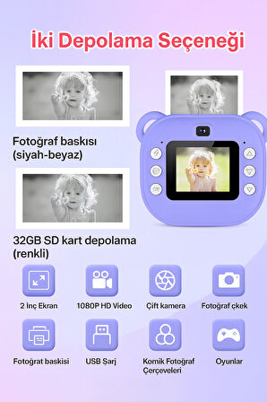 Çocuklar İçin Siyah-Beyaz Yazıcı Eğlenceli Fotoğraf Makinesi  Oyunlar ve Çift Kamera Müzik Bir Arada