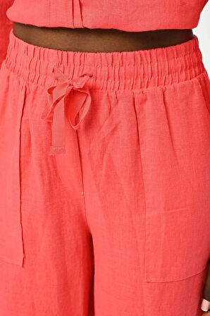 KADIN BELİ LASTİKLİ BOL PAÇA DÜZ RENK KETEN PANTOLON