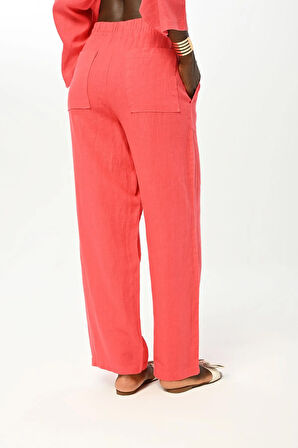 KADIN BELİ LASTİKLİ BOL PAÇA DÜZ RENK KETEN PANTOLON