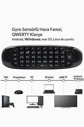 Wireless 2.4 GHz Sihirli Smart Klavye Air Mouse Siyah Andorid TV Kumanda