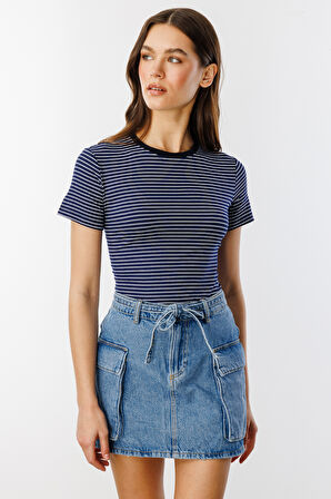 Kadın Çizgili Kısa Kollu T-shirt ÇİZGİLİ-T-SHIRT