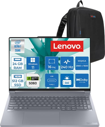 Lenovo Thinkbook 16P Iax Intel Core Ultra 7 255HX 24GB Ddr5 Ram 512GB SSD RTX5060 8gb 115W Windows 11 Pro 16" Wqxga (2560X1600) IPS 500NITS 240Hz Laptop T21R0001LTXP07 + Zetta Çanta