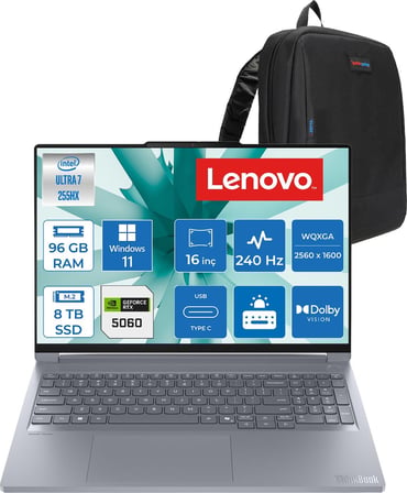 Lenovo Thinkbook 16P Iax Intel Core Ultra 7 255HX 96GB Ddr5 Ram 8tb SSD RTX5060 8gb 115W Windows 11 Pro 16" Wqxga (2560X1600) IPS 500NITS 240Hz Laptop T21R0001LTXP48 + Zetta Çanta