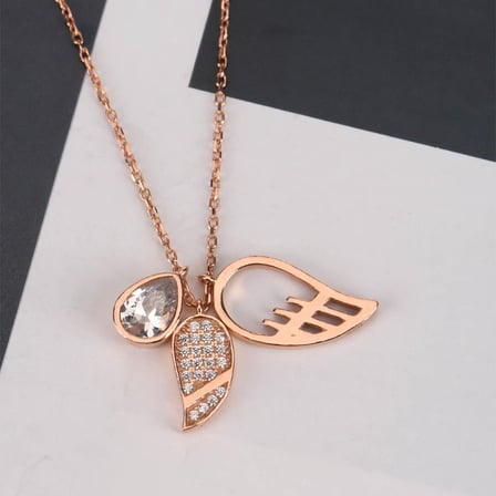 Zirkon Taşlı Pırlanta Montür Rose Altın Kaplama 2 li Kanat Desenli Gümüş Kolye