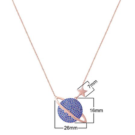 Zirkon Taşlı Pırlanta Montür Rose Altın Kaplama Gezegen Gümüş Kolye