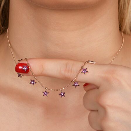 Zirkon Taşlı Pırlanta Montür Rose Altın Kaplama Sallantılı Yıldız Gümüş Kolye