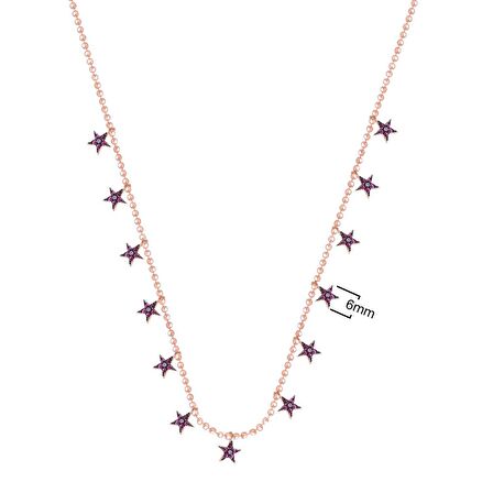 Zirkon Taşlı Pırlanta Montür Rose Altın Kaplama Sallantılı Yıldız Gümüş Kolye