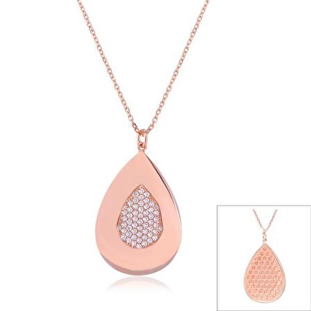 Zirkon Taşlı Pırlanta Montür Rose Altın Kaplama Damla Desenli Gümüş Kolye