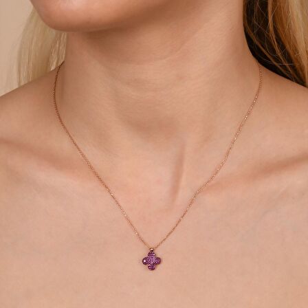 Coşar silver-Kırmızı Taşlı Rose Altın Kaplama Gümüş Yonca Sembollü Kolye