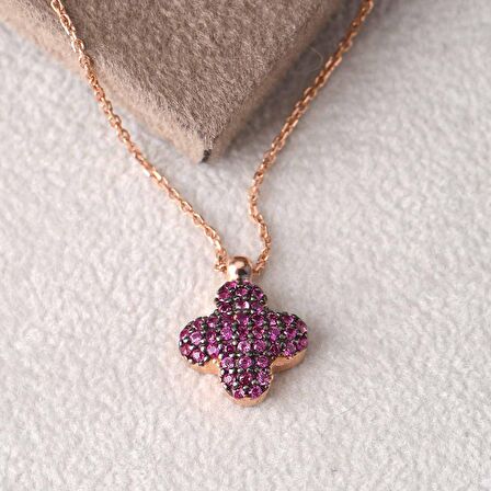 Coşar silver-Kırmızı Taşlı Rose Altın Kaplama Gümüş Yonca Sembollü Kolye