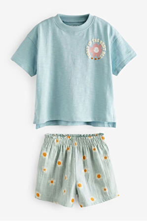 Next Baby % 100 Pamuklu Blue Flovers Tshirt Müslin Şort Alt Üst Takım